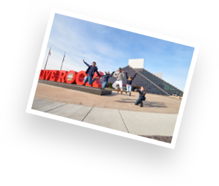 Students outside of the Rock and Roll Fall of Fame and Museum in downtown Cleveland