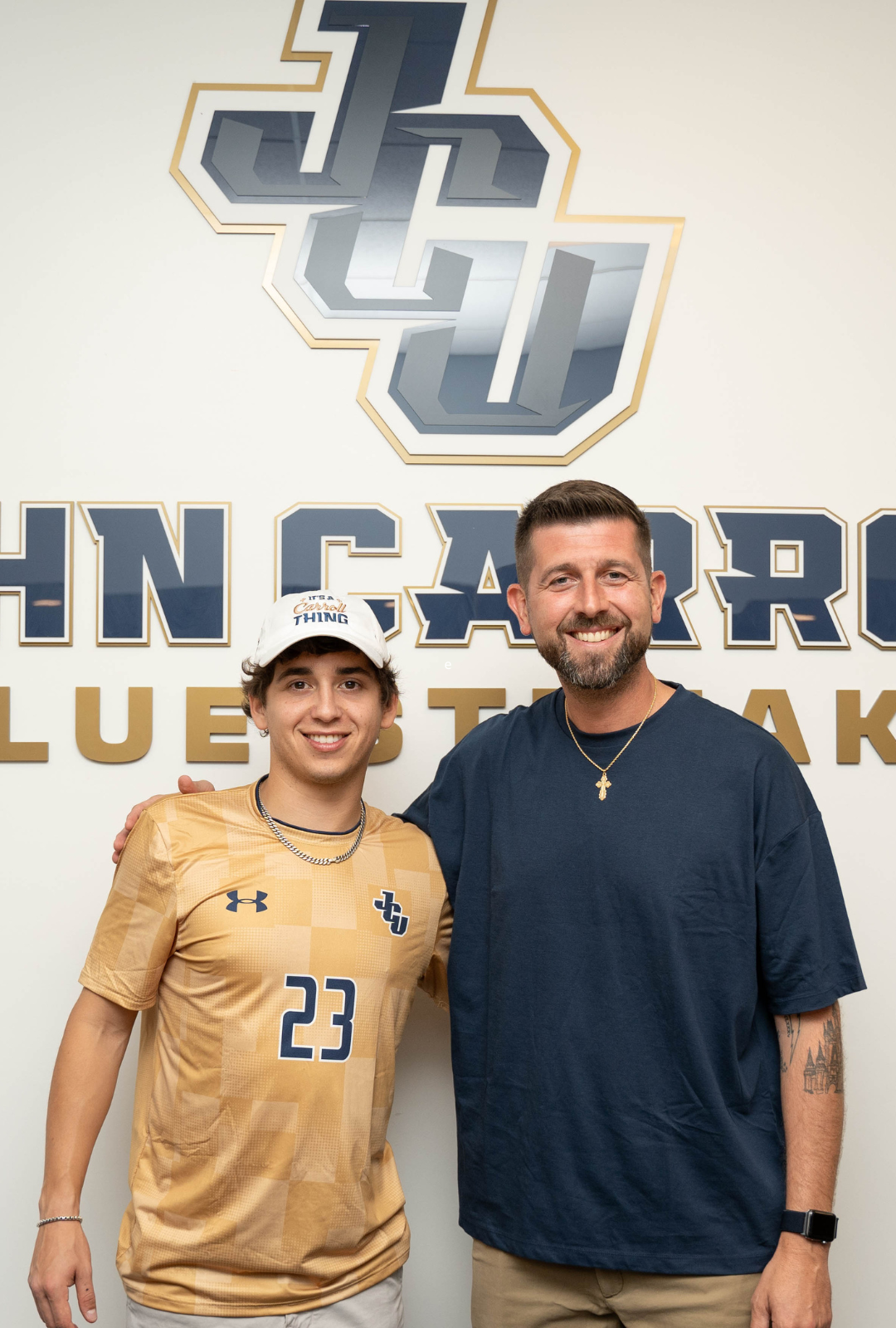 marcello hernandez and jcu soccer coach on campus