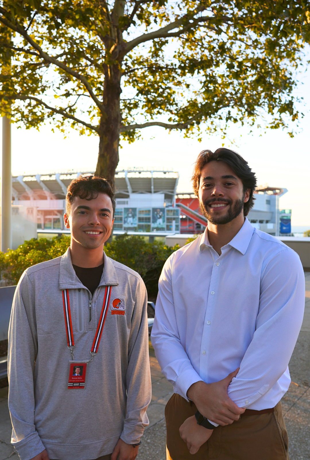 male students in front of brown's stadium in cleveland