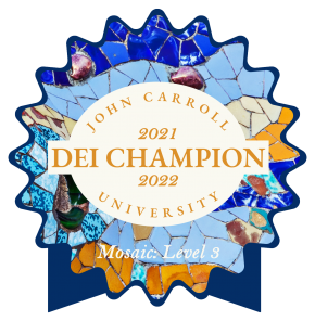Award badge with mosaic pattern reads 2021-22 John Carroll University DEI Champion - Level 3, Mosaic 