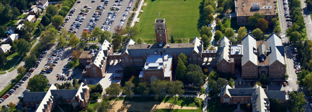 aerial campus photo above clock tower