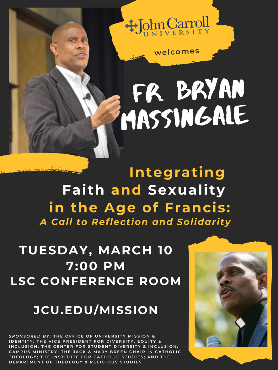 Image of poster promoting Bryan Massingale talk at JCU March 10, 2020