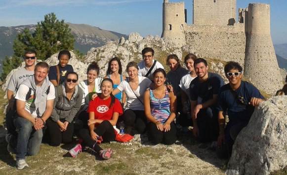 Group of students who participated in the Vatican City fall program, atop Rocca Calascio, a mountaintop fortress or rocca in the Province of L'Aquila in Abruzzo, Italy.