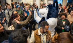 Lobo the Wolf high-fiving a student in the crowd at his release event.