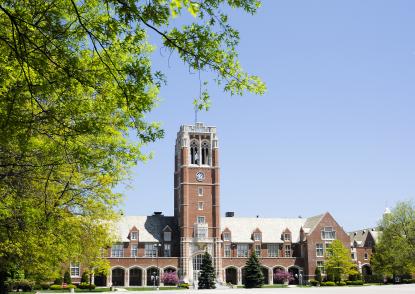 View of John Carroll Administration building and bell tower.