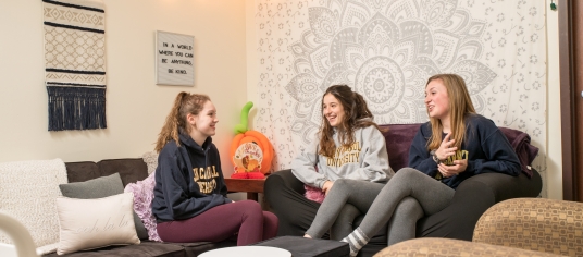 Students laughing together in their residence hall.